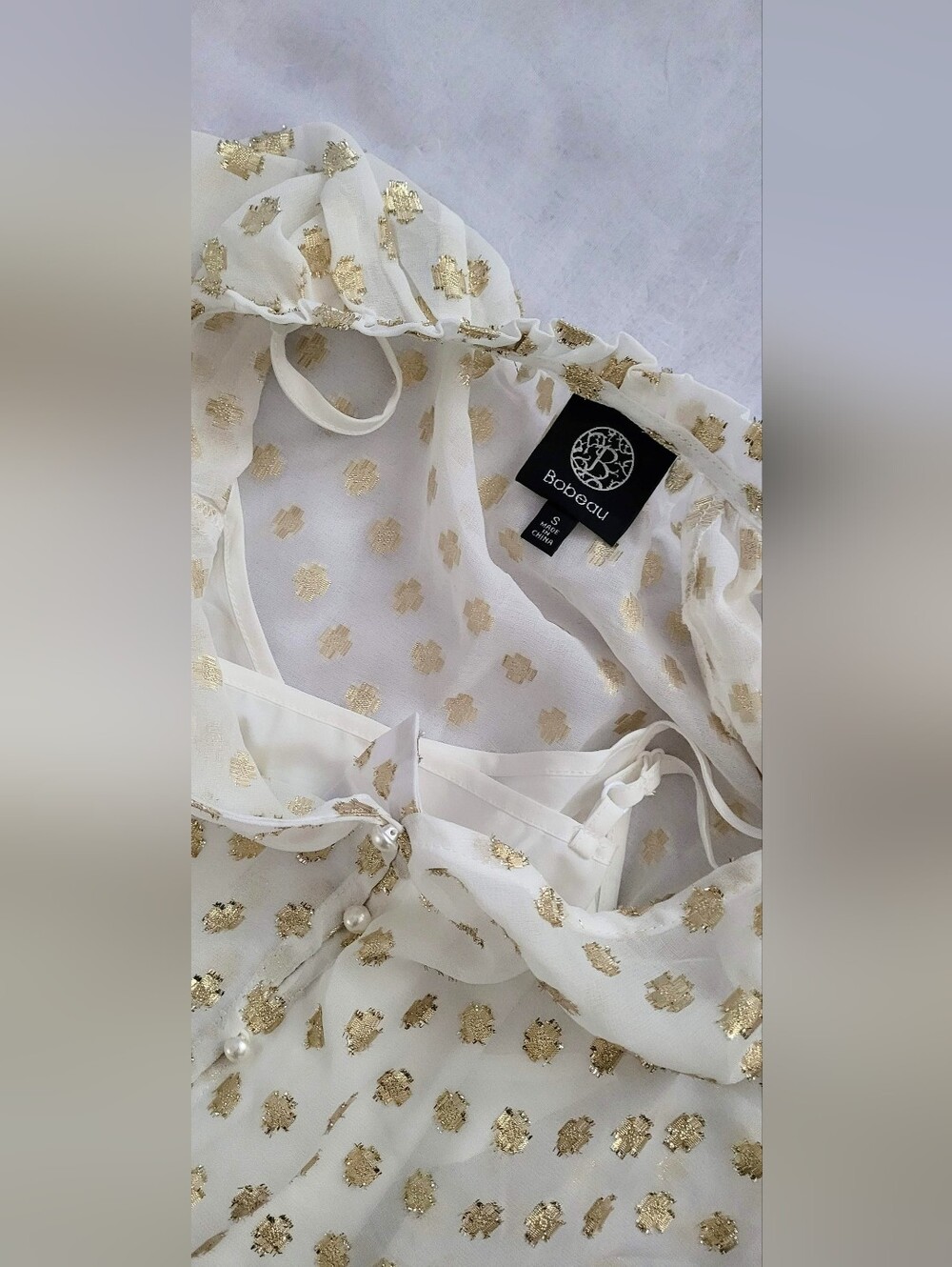 NWOT! Polka Dot Fall Top Gold Foil Pearl Embellished Women's Sheer Blouse Small - Picture 4 of 17
